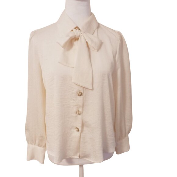 Zara Medium Cream Tie Neck Blouse W/ Decorative Buttons of Clustered Pearl Beads - Picture 1 of 15